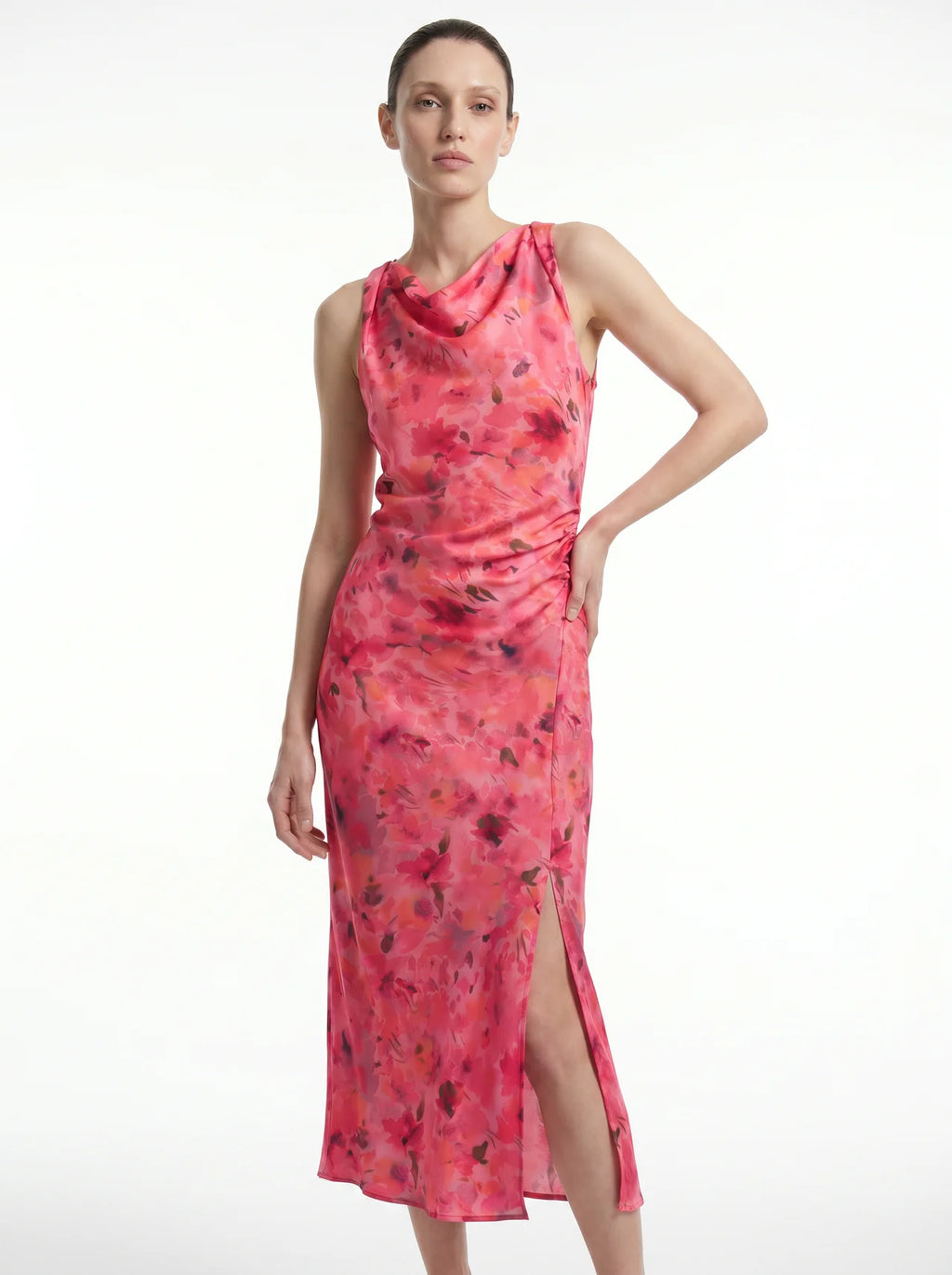 Liliane Bloemenprint Midi Jurk Watervalhals Ruching