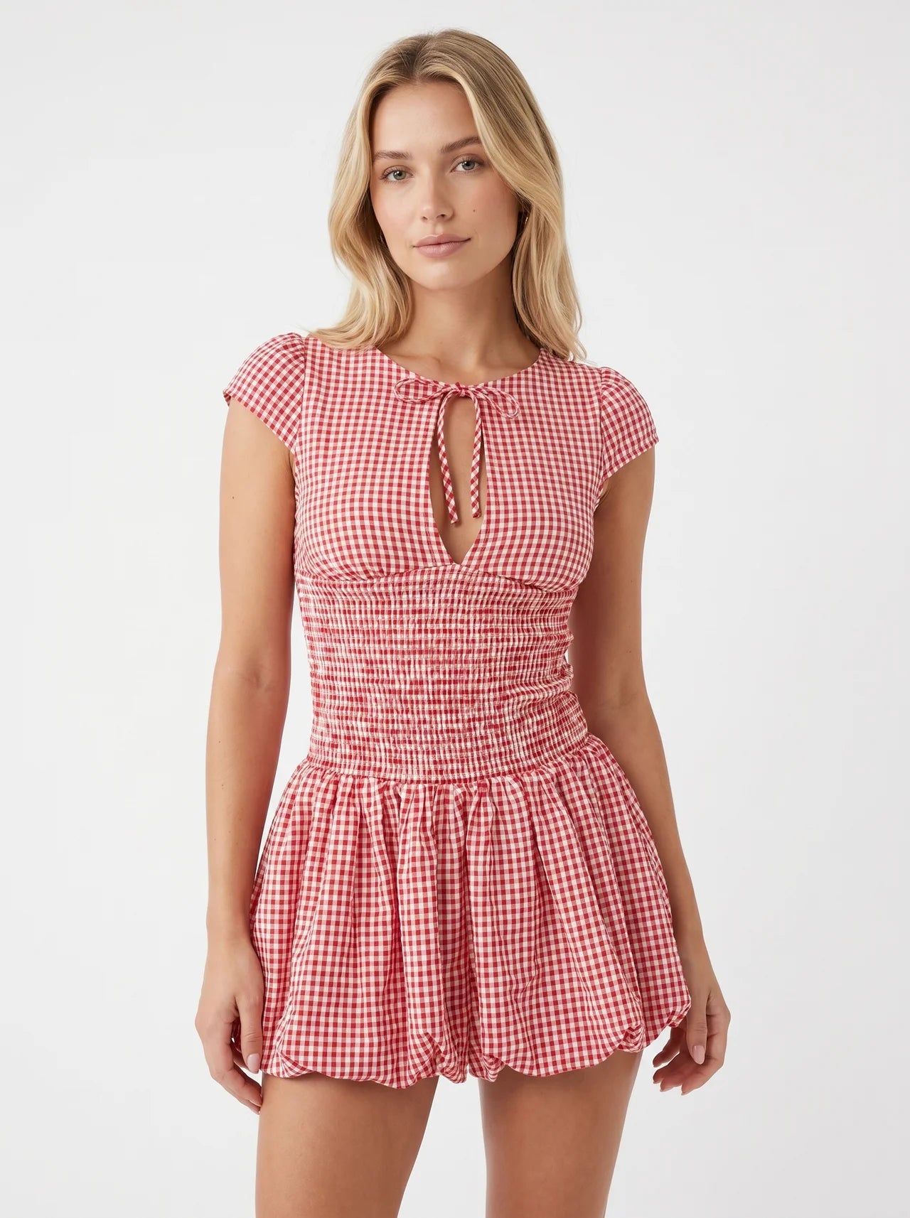 Valentine Mini Jurk met Gingham Ruit en Elastische Taille