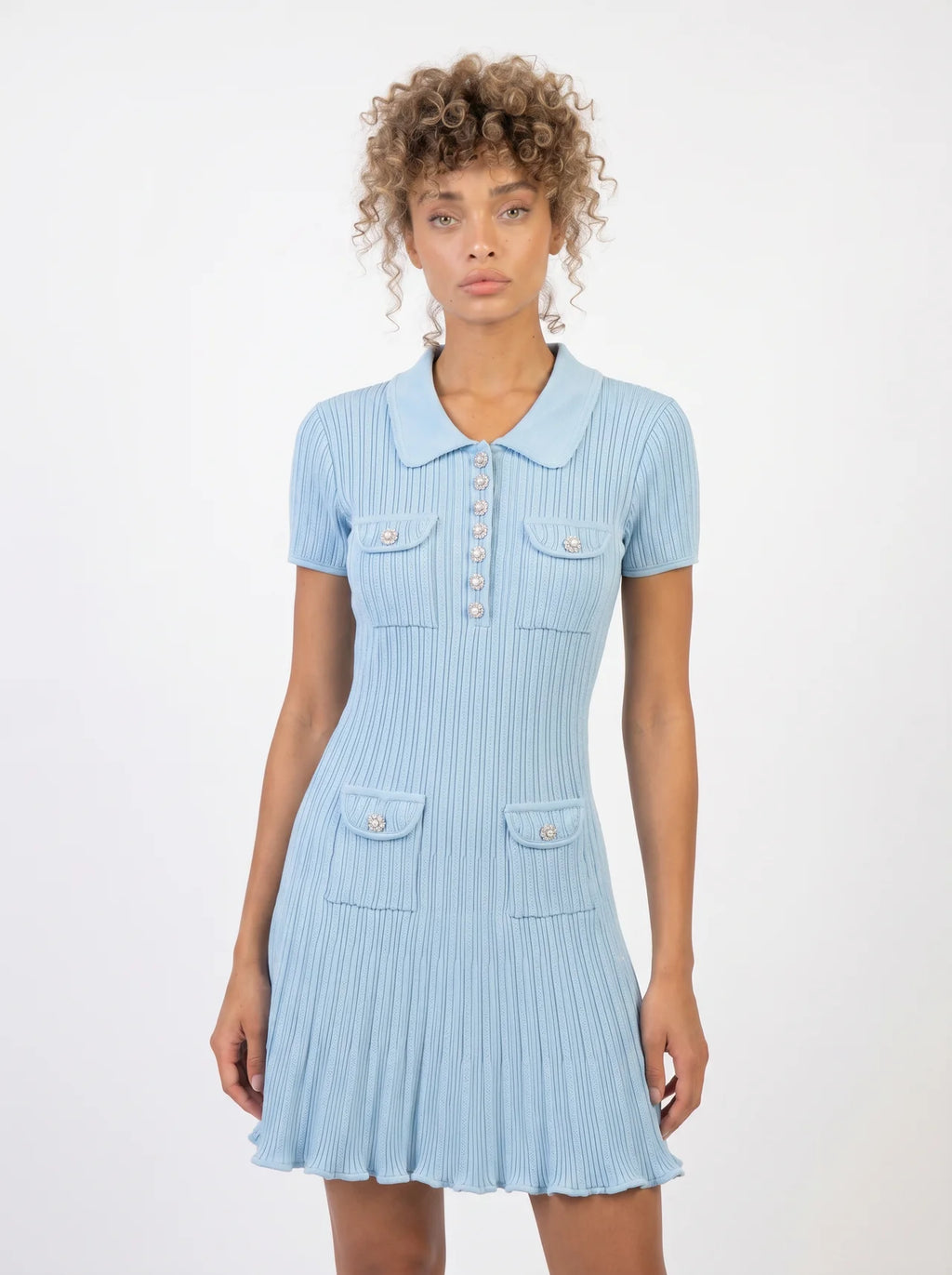 Françoise Gebreide Mini Jurk Polokraag Zirkonia Knopen