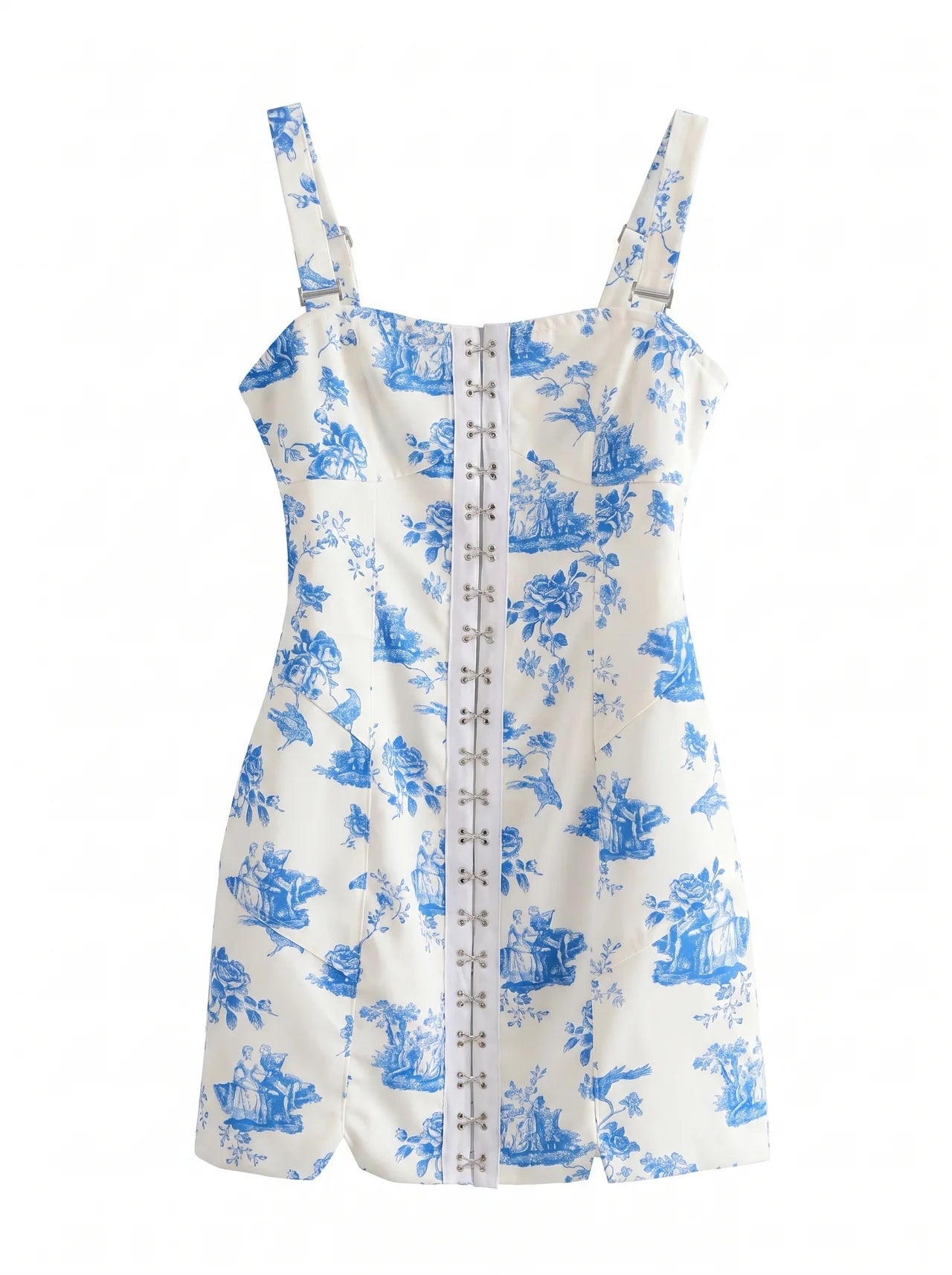 Élodie Mini Jurk met Corset en Toile de Jouy Print