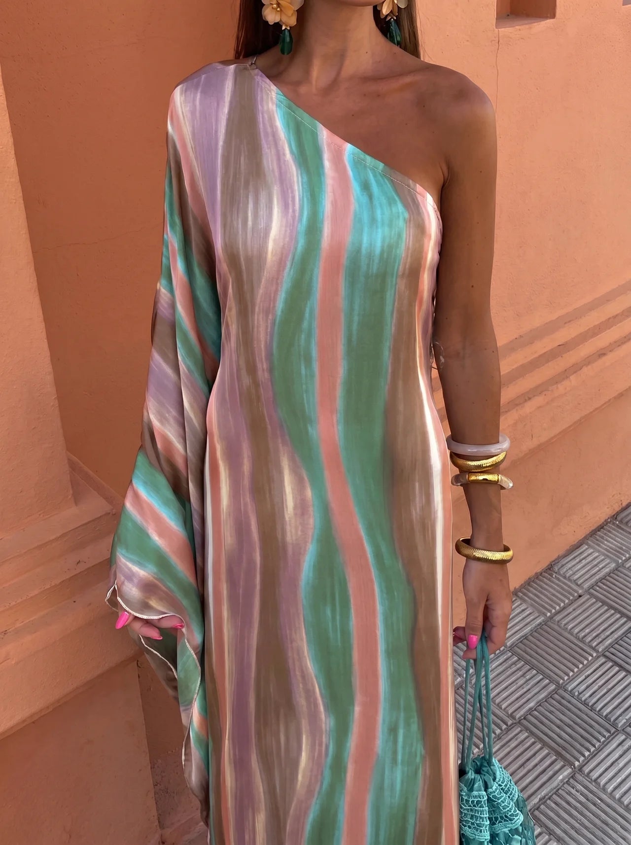 Coralie One Shoulder Maxi Jurk Streepprint
