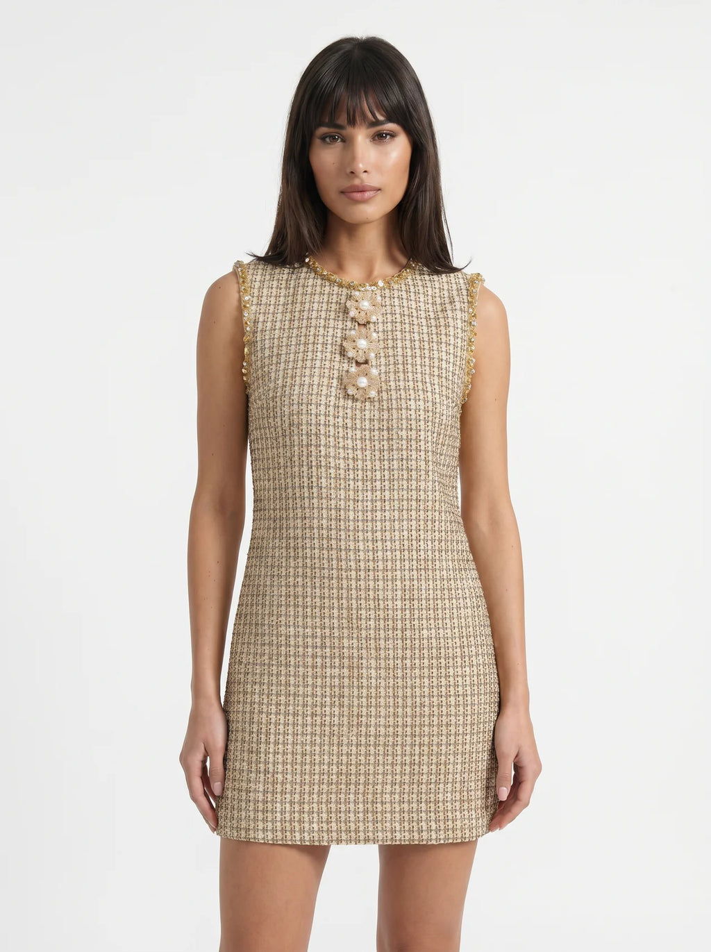 Bérangère Tweed Mini Jurk Parel Knopen Franjerand