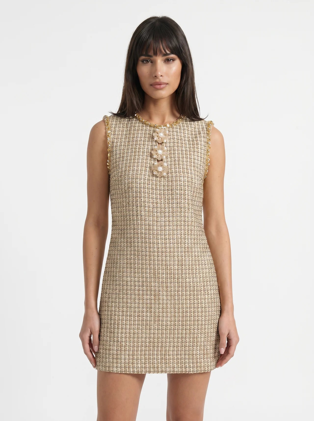 Bérangère Tweed Mini Jurk Parel Knopen Franjerand