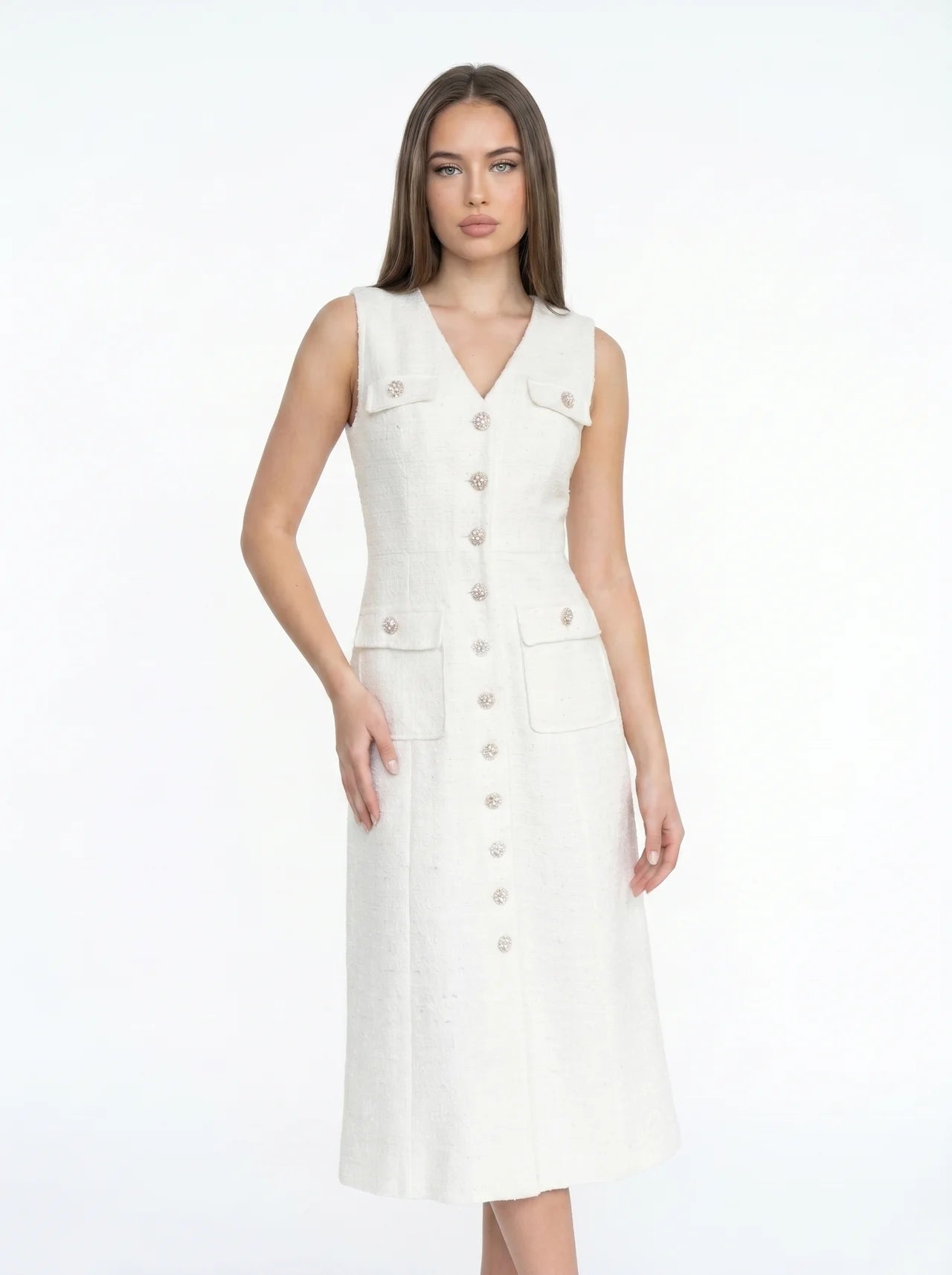 Zénaïde Tweed Midi Jurk Mouwloos Parel Knopen