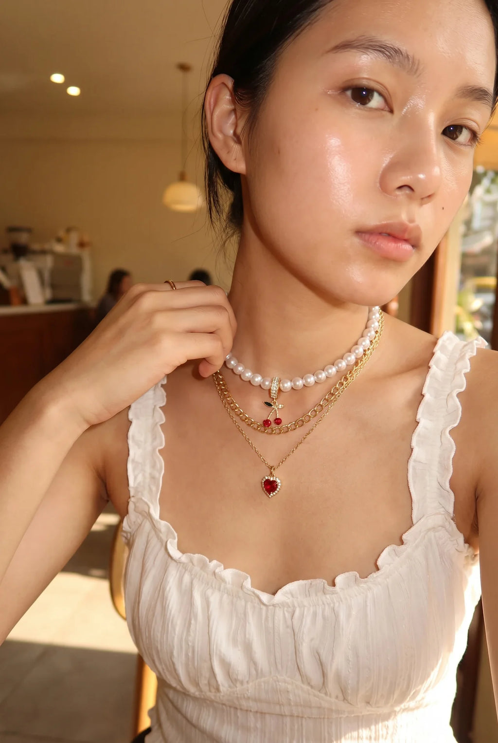 Cerise Driedelige Ketting Set met Parel en Hartenhanger