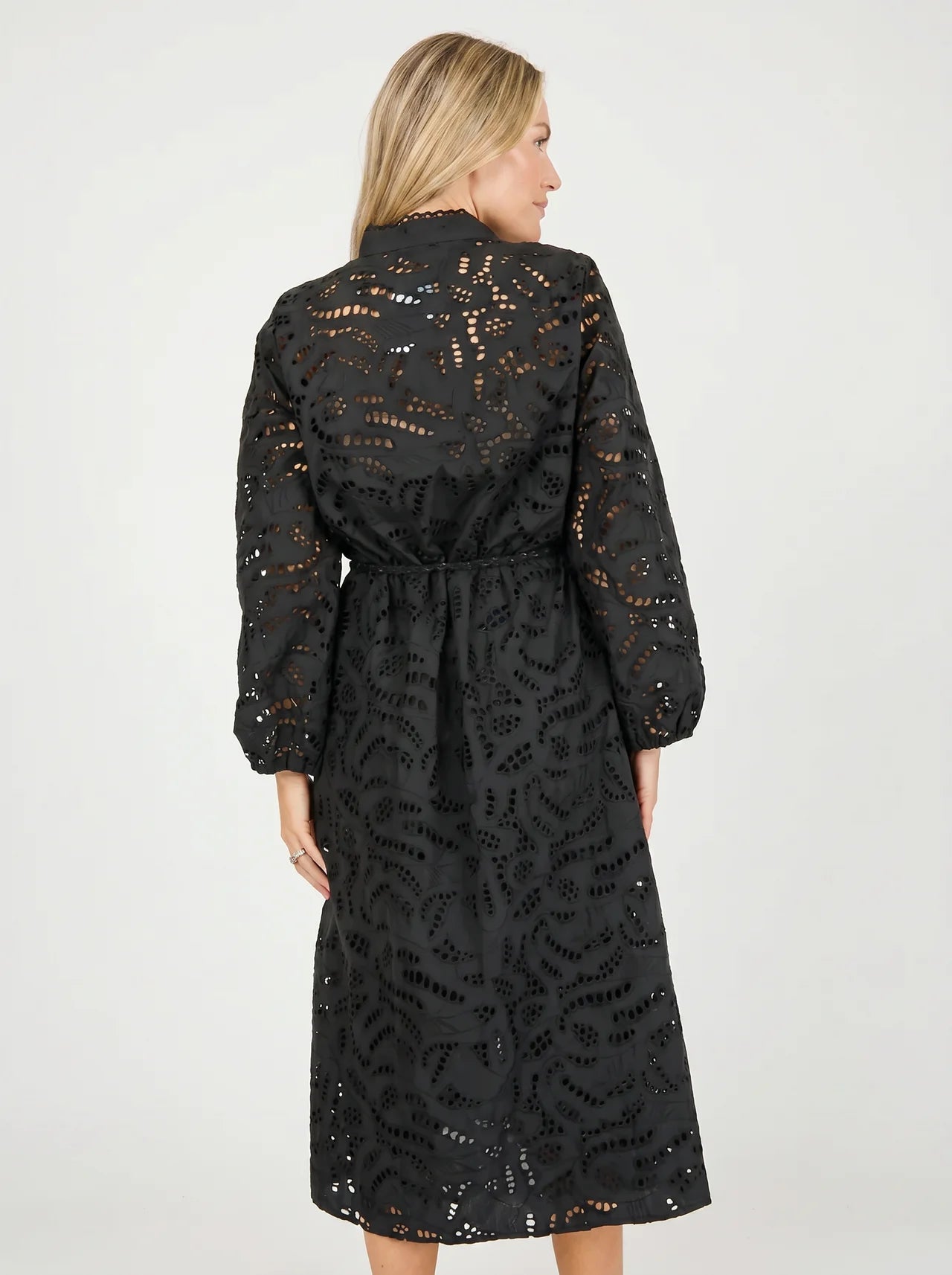 Albane Midi Jurk met Opengewerkte Broderie en Ceintuur
