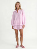 Noémie Matching Set roze gestreepte blouse short ruche ballonmouwen voораanzicht