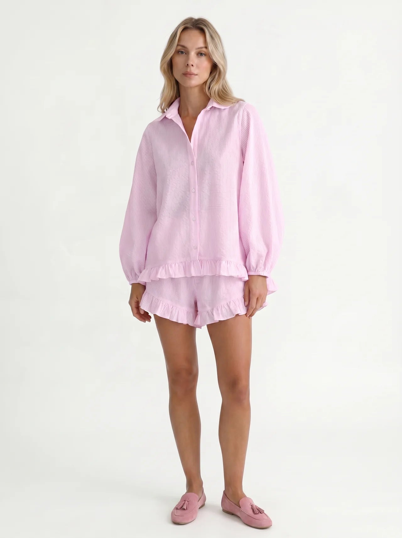 Noémie Matching Set roze gestreepte blouse short ruche ballonmouwen voораanzicht