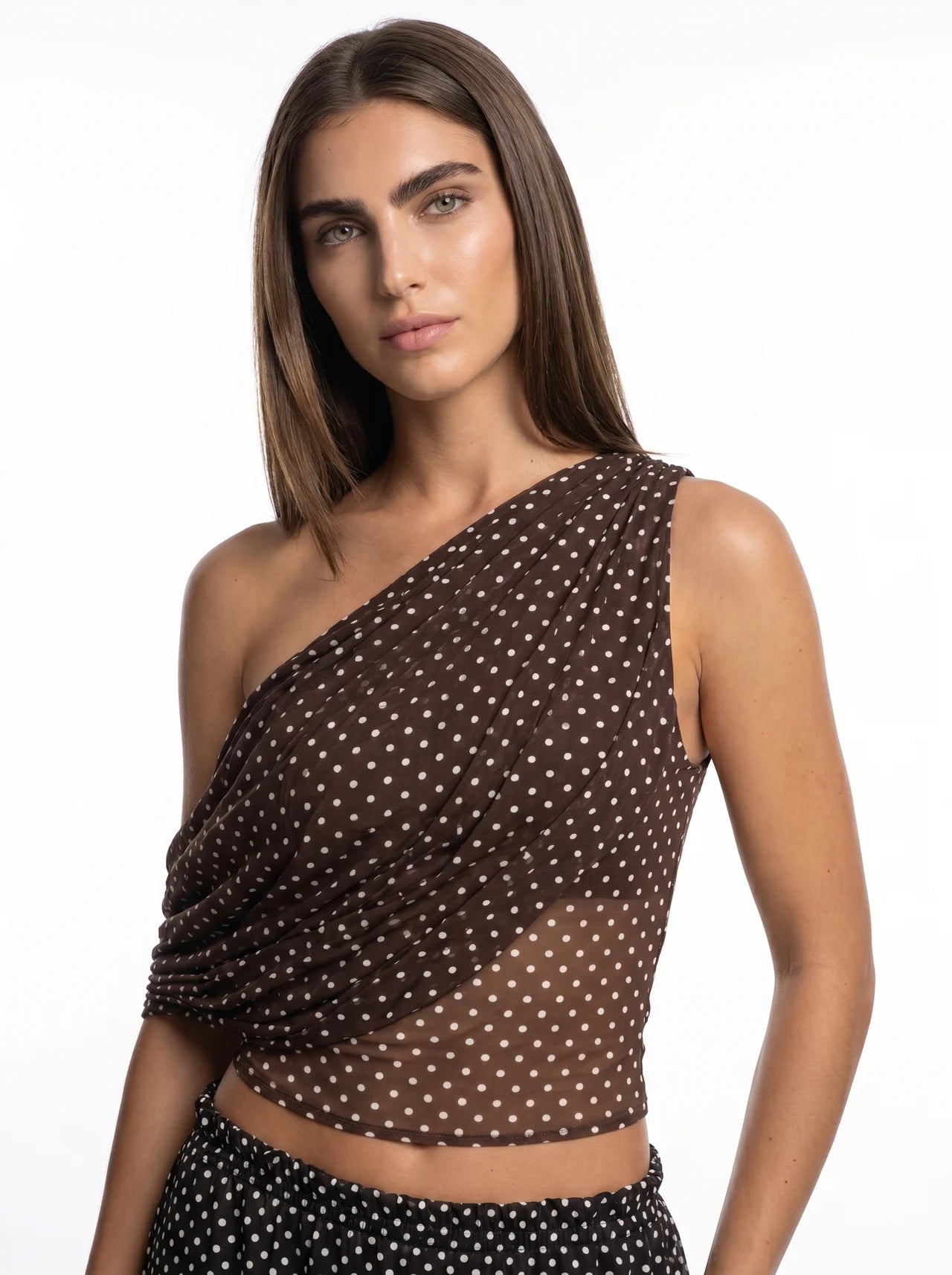 Clothilde One Shoulder Top met Stippenprint