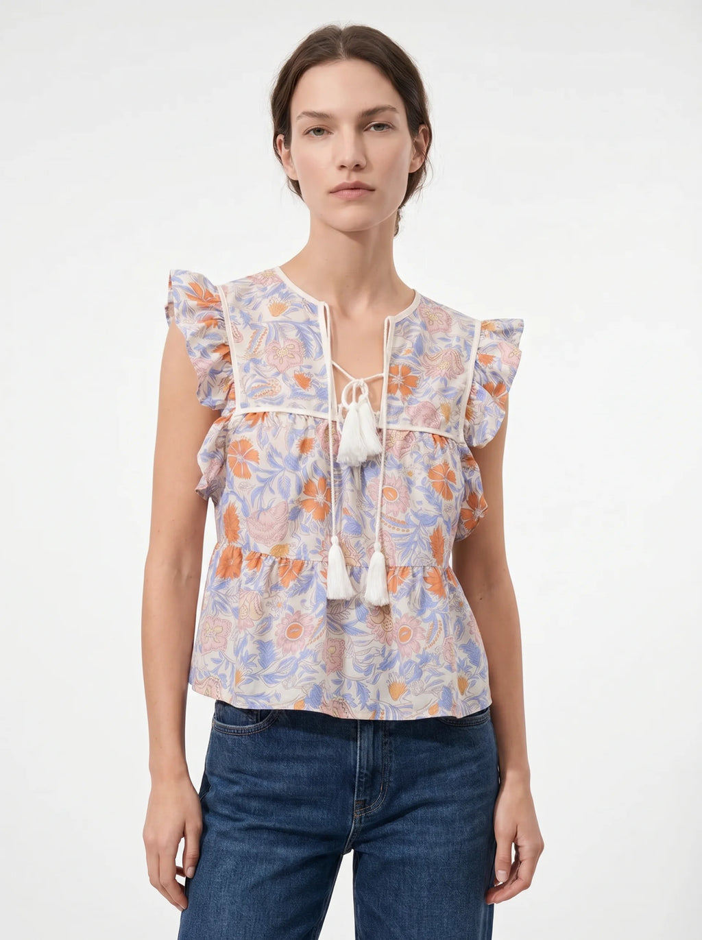 Faustine Mouwloze Blouse met Ruches en Kwastjes
