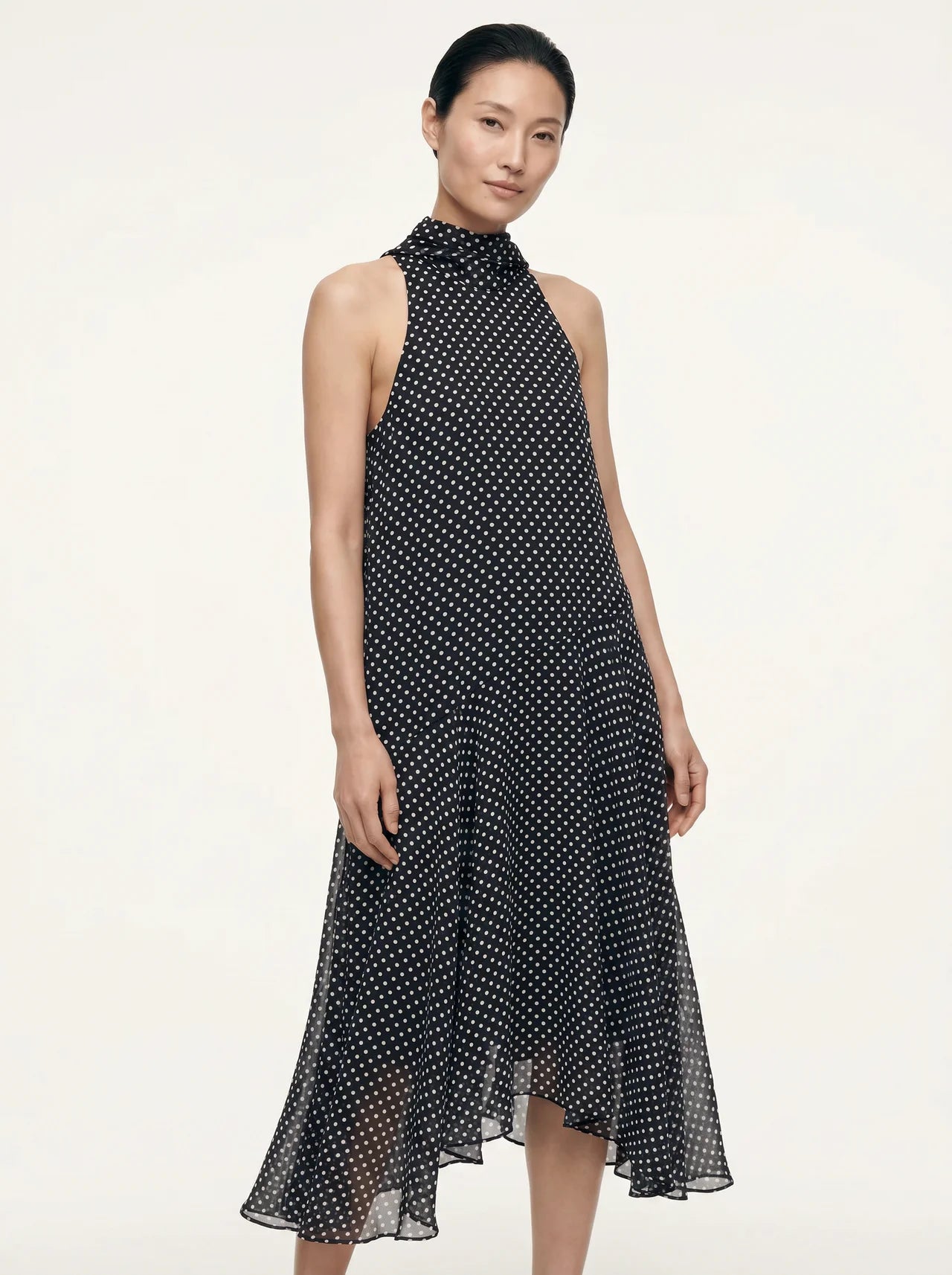 Oriane Chiffon Midi Jurk Polkadot Halternek