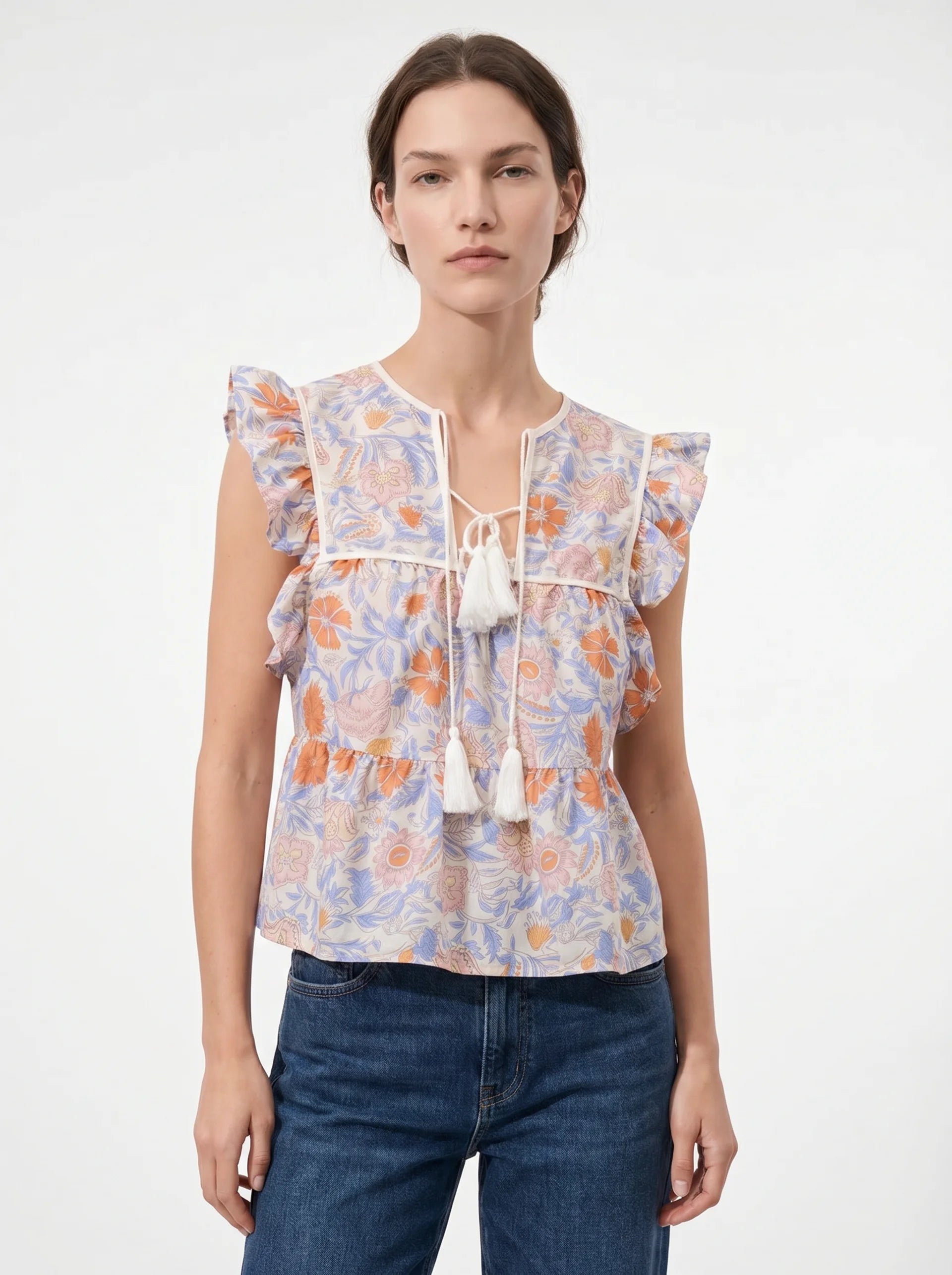 Faustine Mouwloze Blouse met Ruches en Kwastjes
