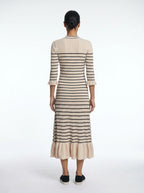 Zoé Old Money Gebreide Midi Jurk Streep Gouden Knopen