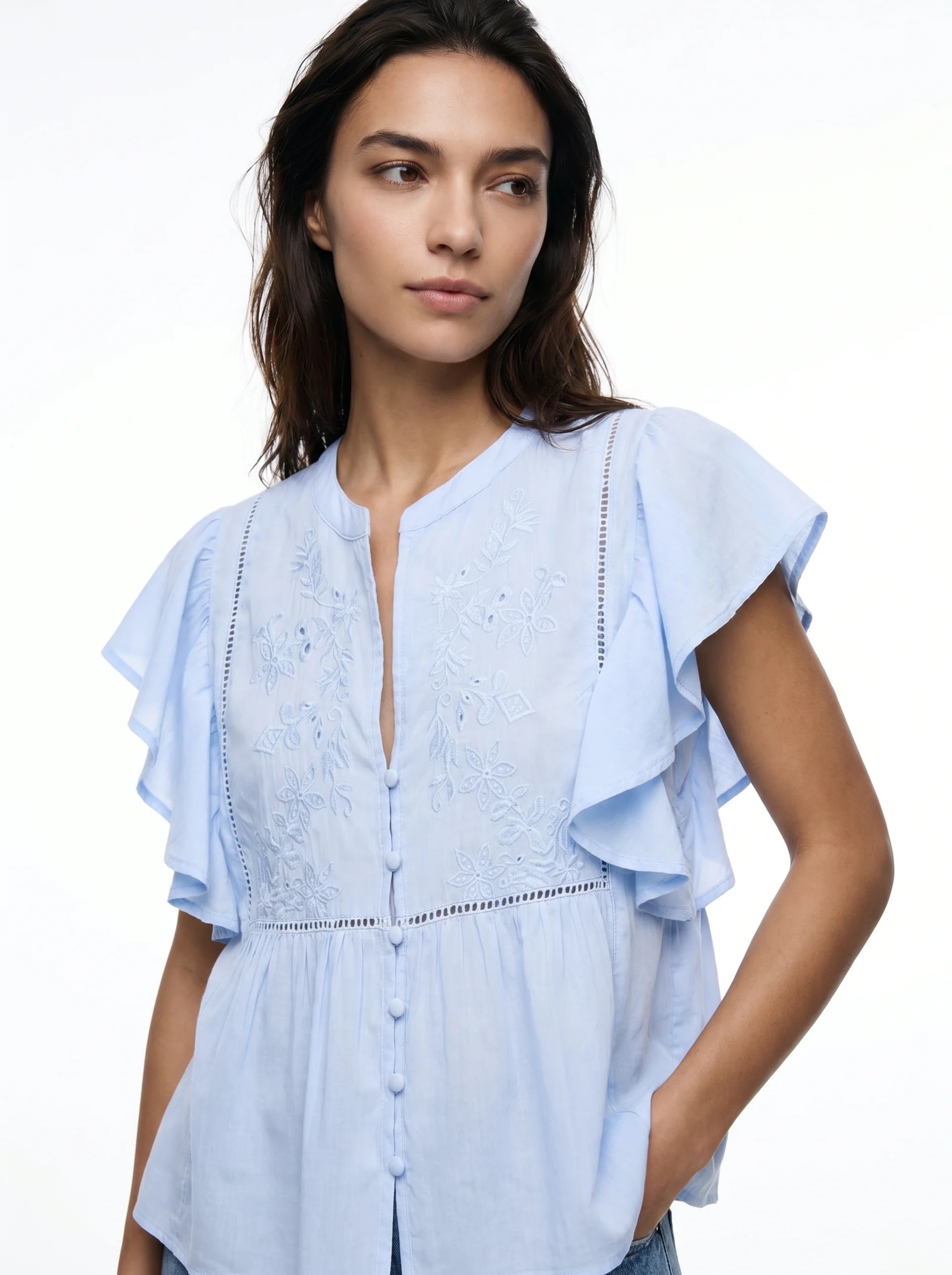 Gaëlle Blouse met Vlindermouwen en Bloemen Borduurwerk