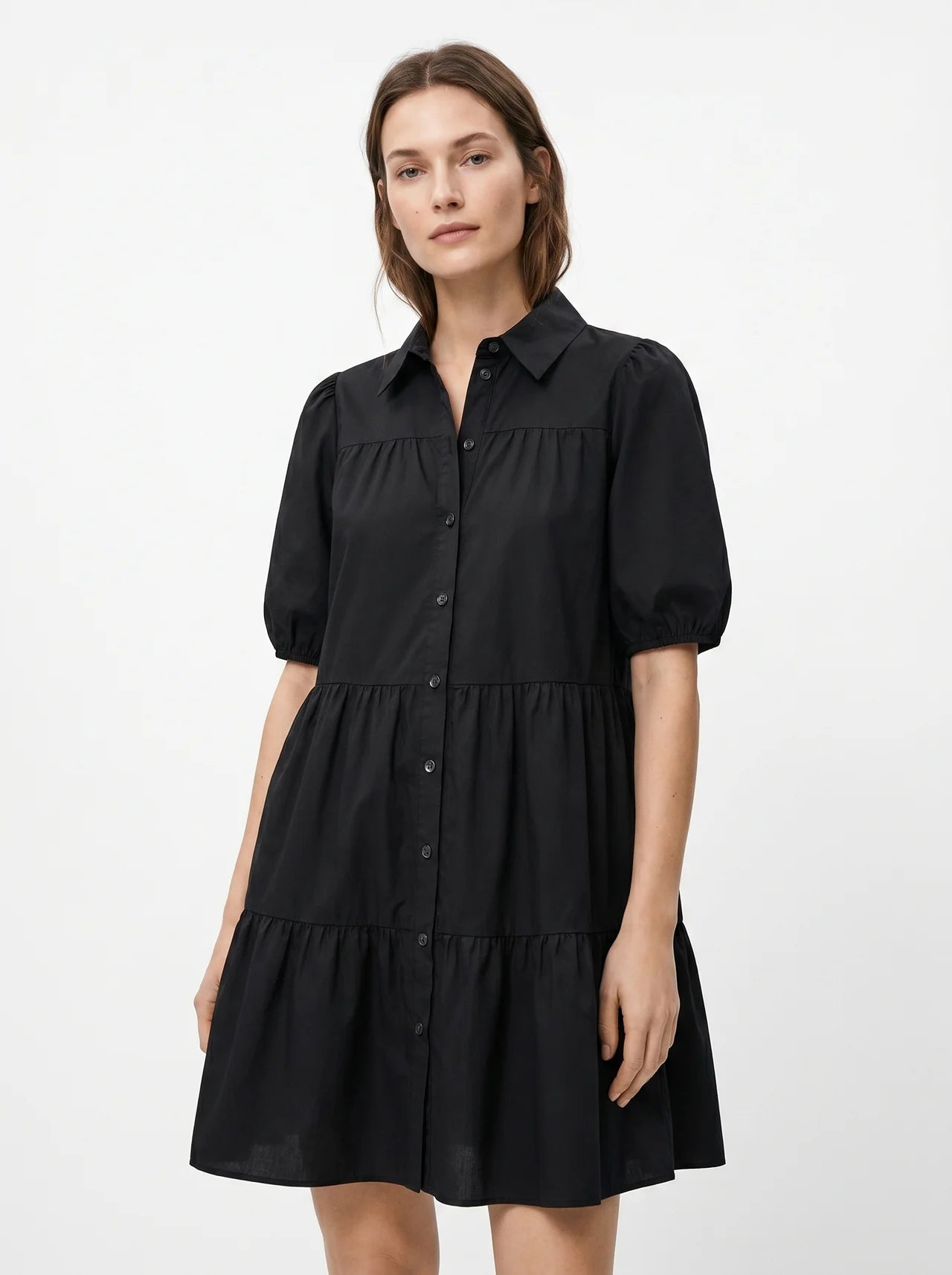 Sabine Mini Blousejurk met Pofmouwen en Gelaagde Rok
