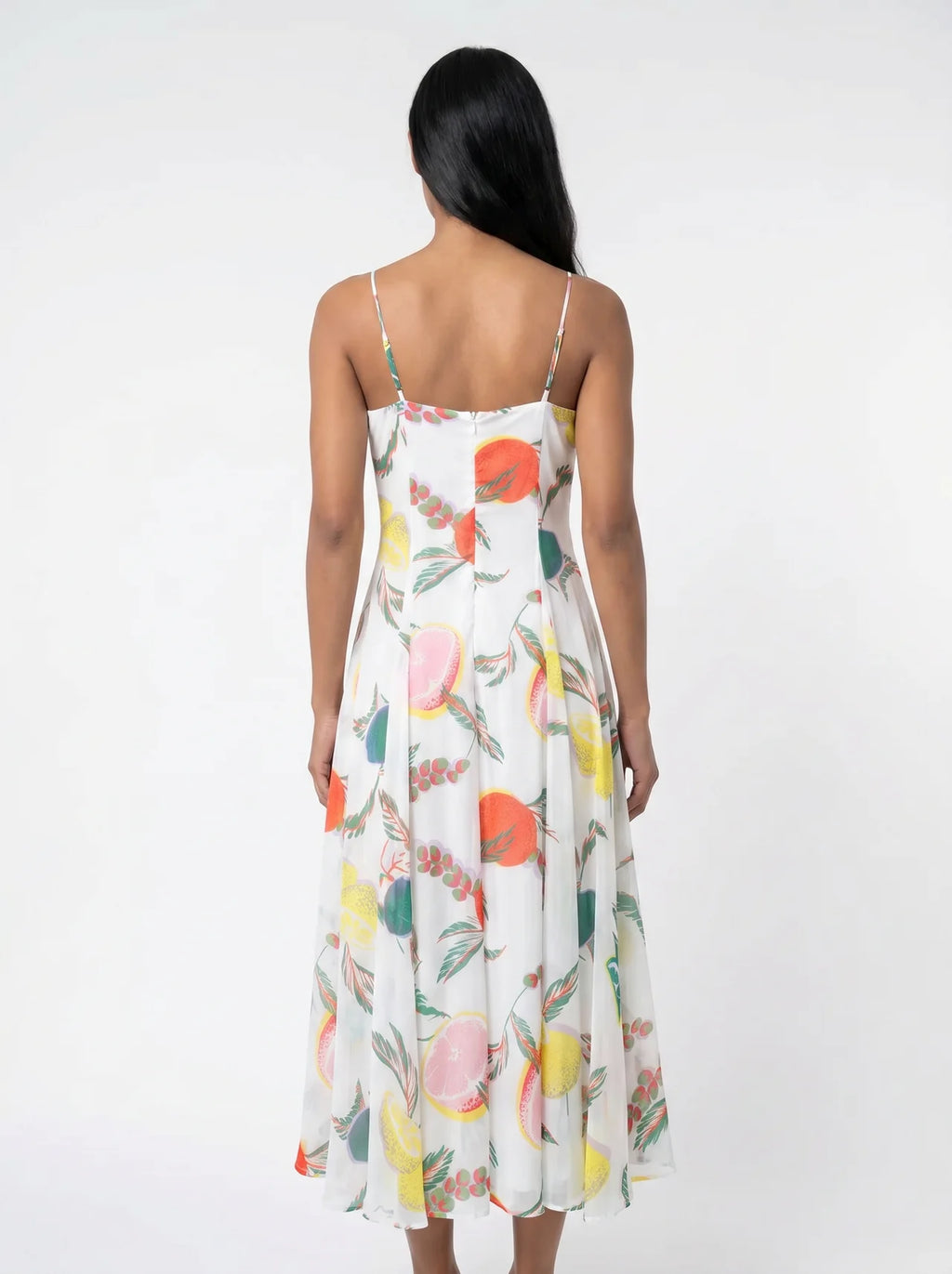 Tiphaine Wijde Midi Jurk Fruitprint Spaghettibandjes