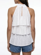 Romane Halter Blouse met Broderie en Gelaagde Ruches