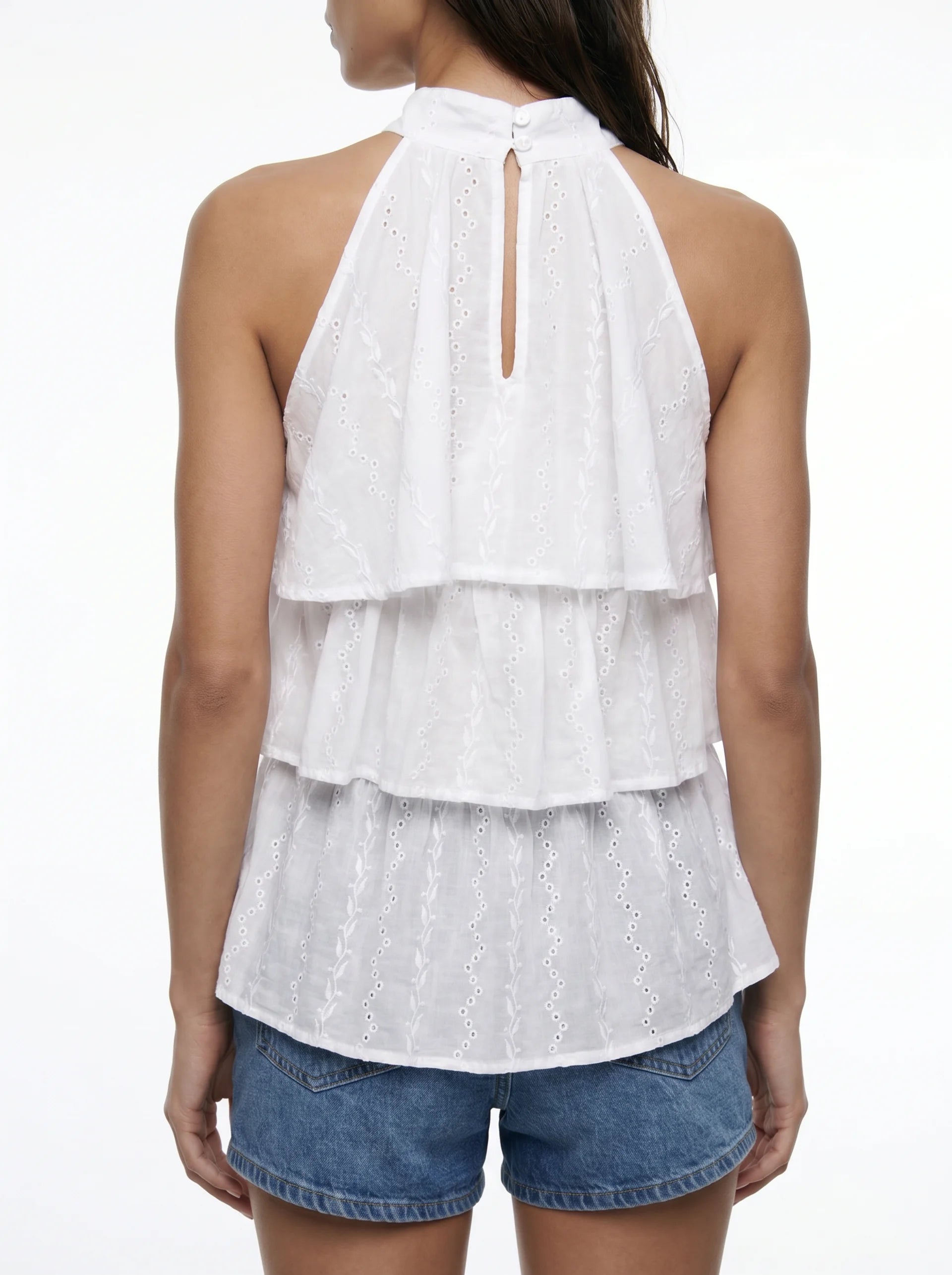 Romane Halter Blouse met Broderie en Gelaagde Ruches