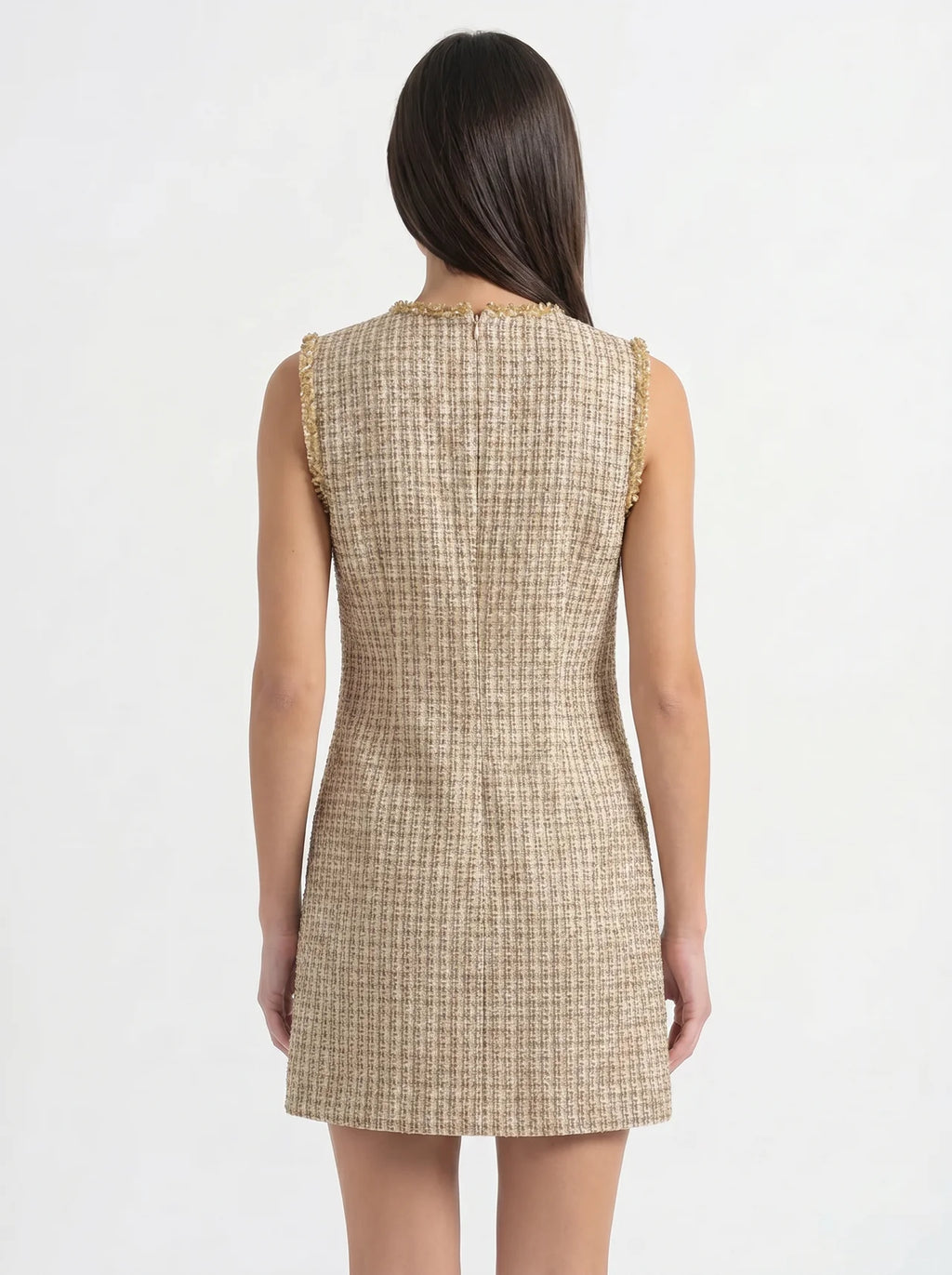 Bérangère Tweed Mini Jurk Parel Knopen Franjerand