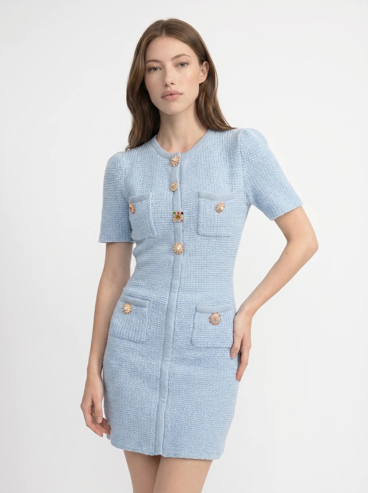 Béatrix Tweed Mini Jurk Zirkonia Knopen Vier Zakken