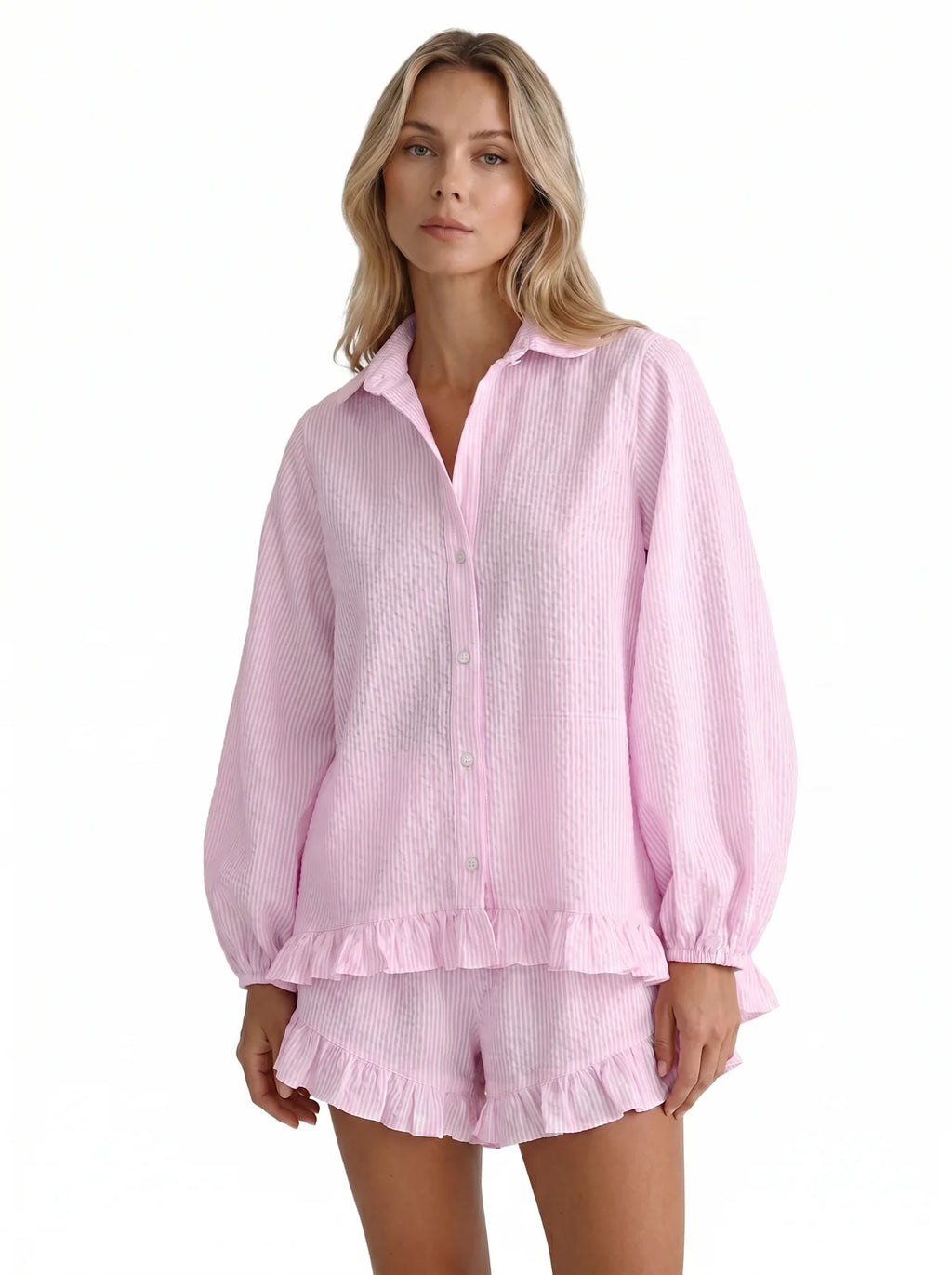 Noémie Matching Set roze gestreepte blouse short ruche ballonmouwen voораanzicht