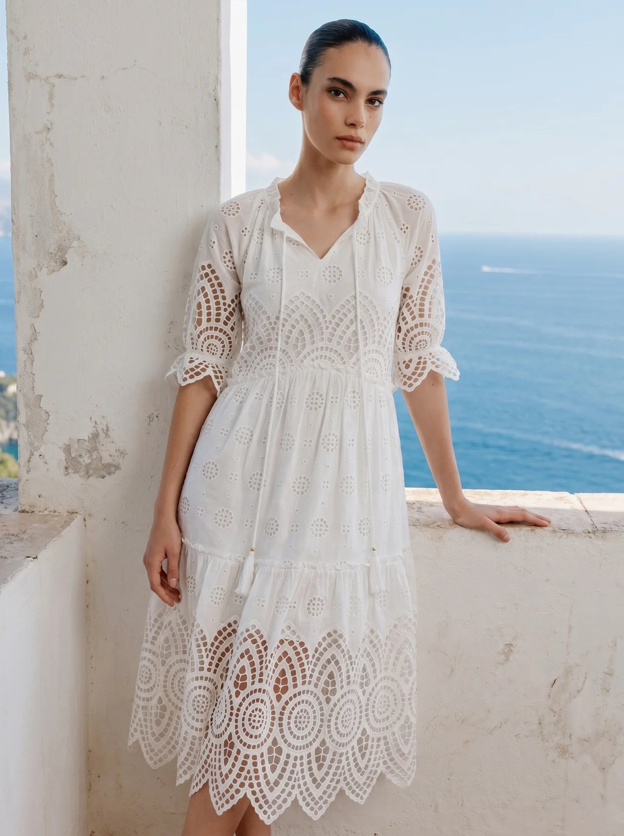 Pauline Midi Jurk met Opengewerkte Broderie