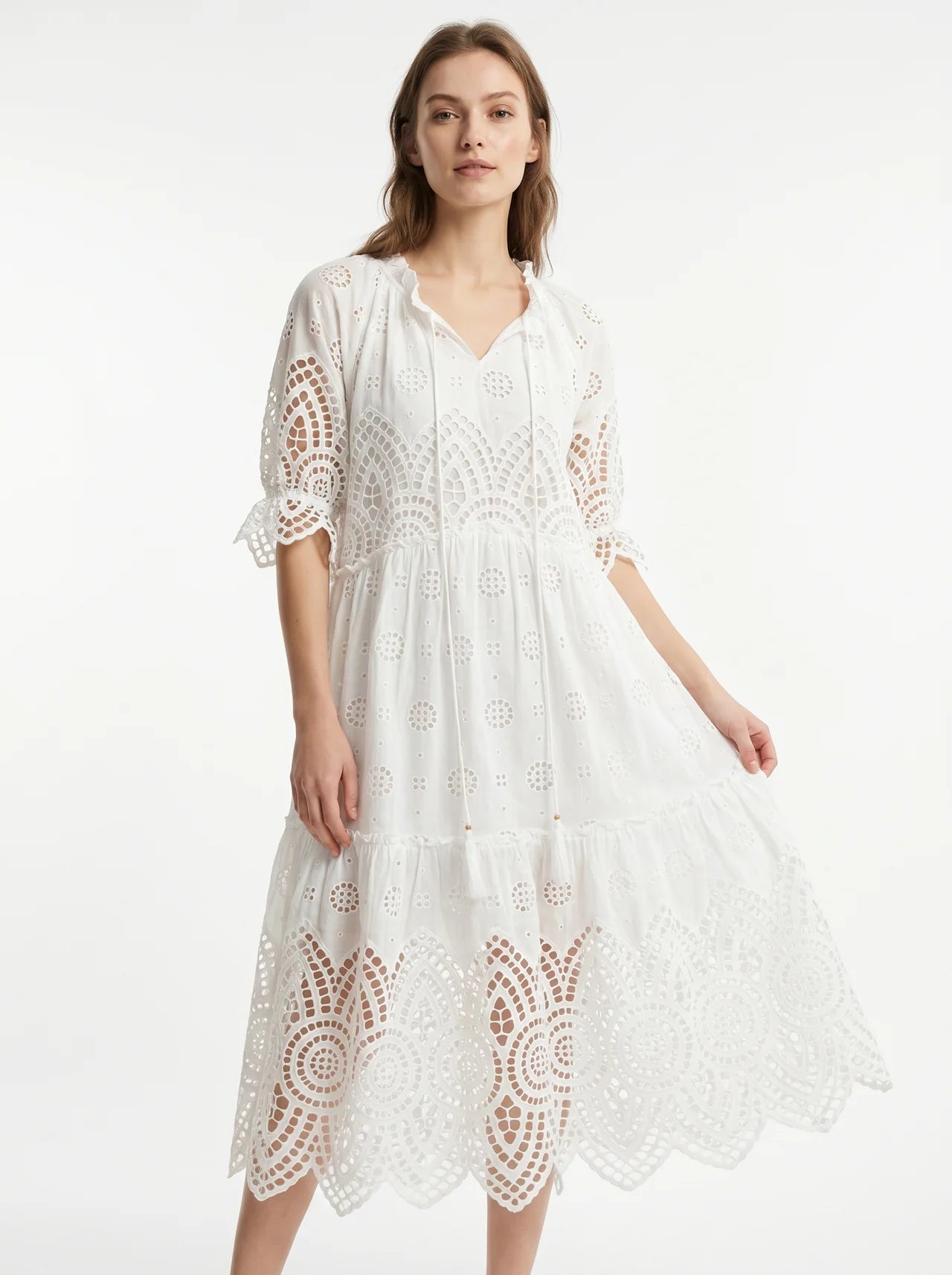 Pauline Midi Jurk met Opengewerkte Broderie