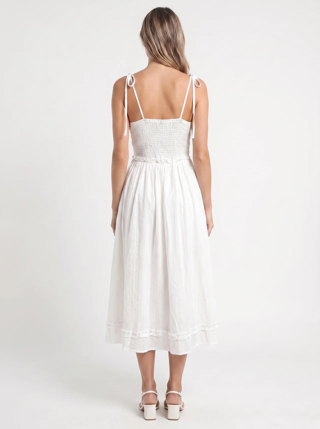 Vivienne Midi Jurk met Strikbandjes en Ruches Zoom