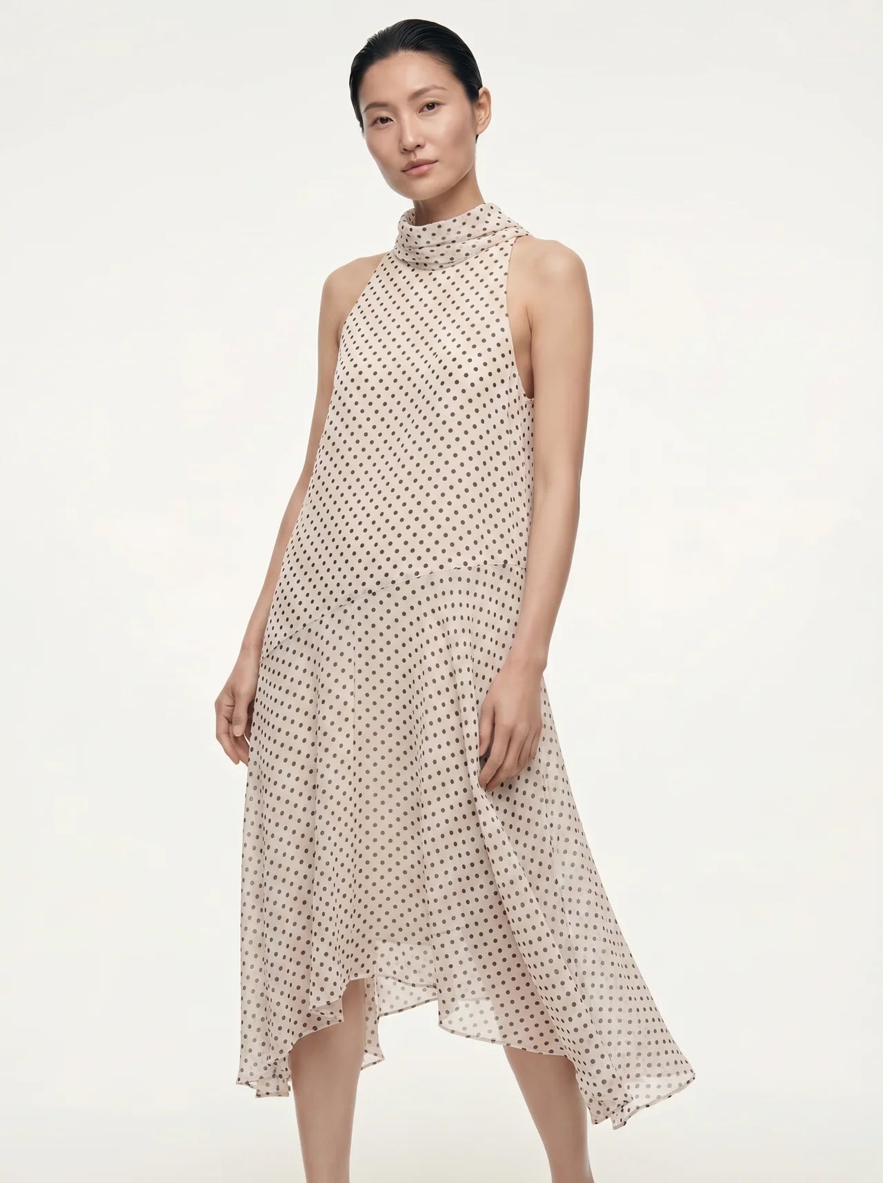 Oriane Chiffon Midi Jurk Polkadot Halternek