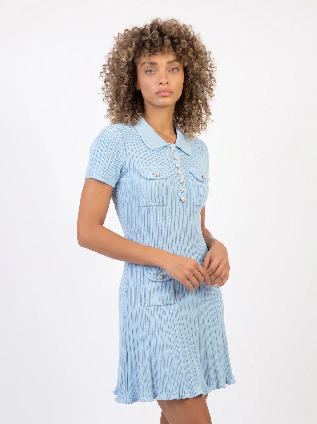 Françoise Gebreide Mini Jurk Polokraag Zirkonia Knopen