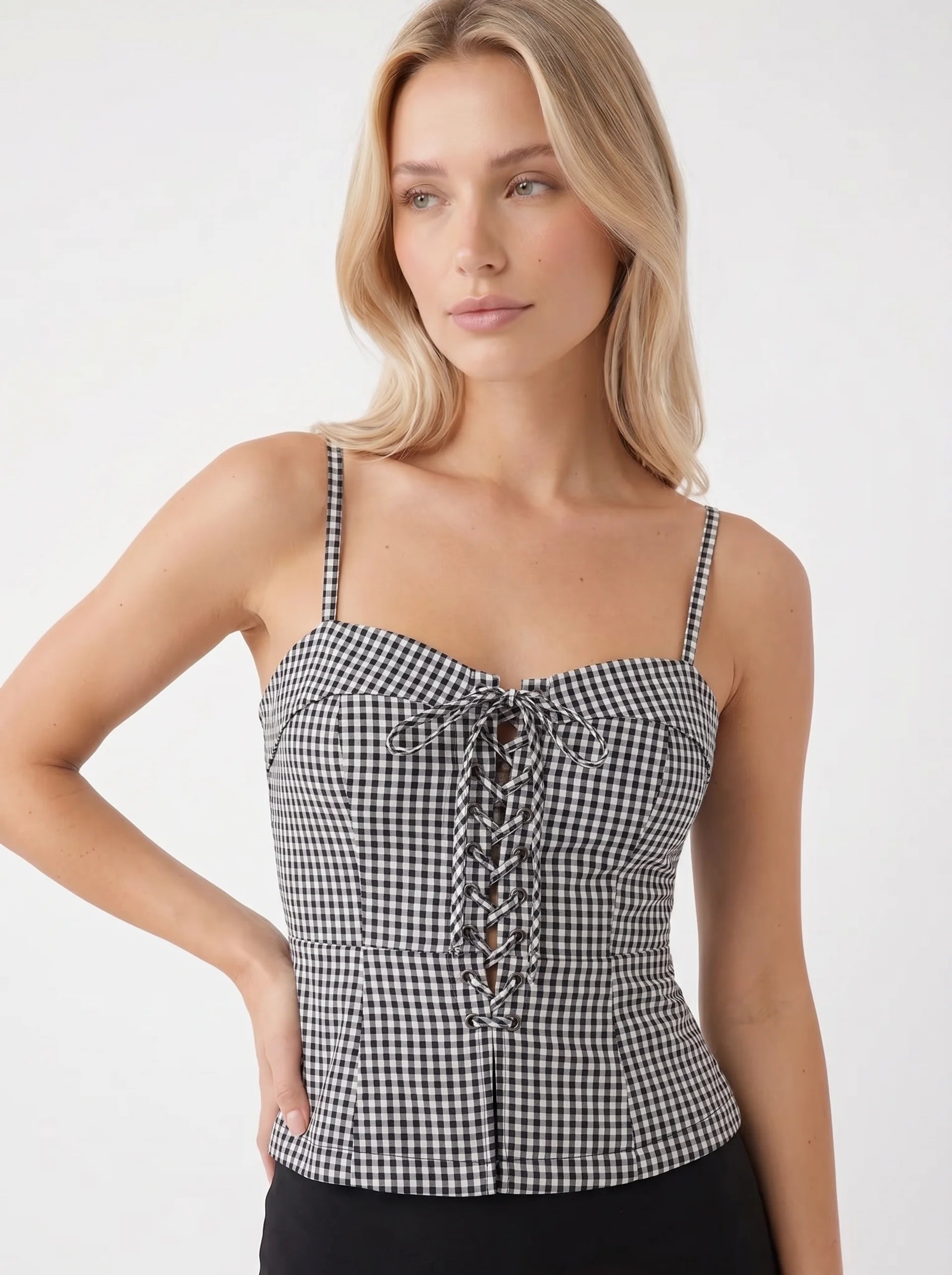 Hortense Corset Camisole Top met Vetersluiting en Ruitprint