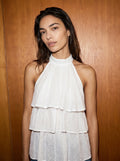 Romane Halter Blouse met Broderie en Gelaagde Ruches