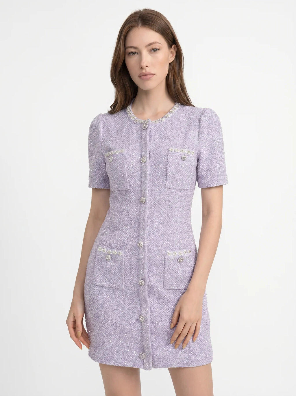 Hyacinthe Tweed Mini Jurk Kristallen Halsrand Pailletten