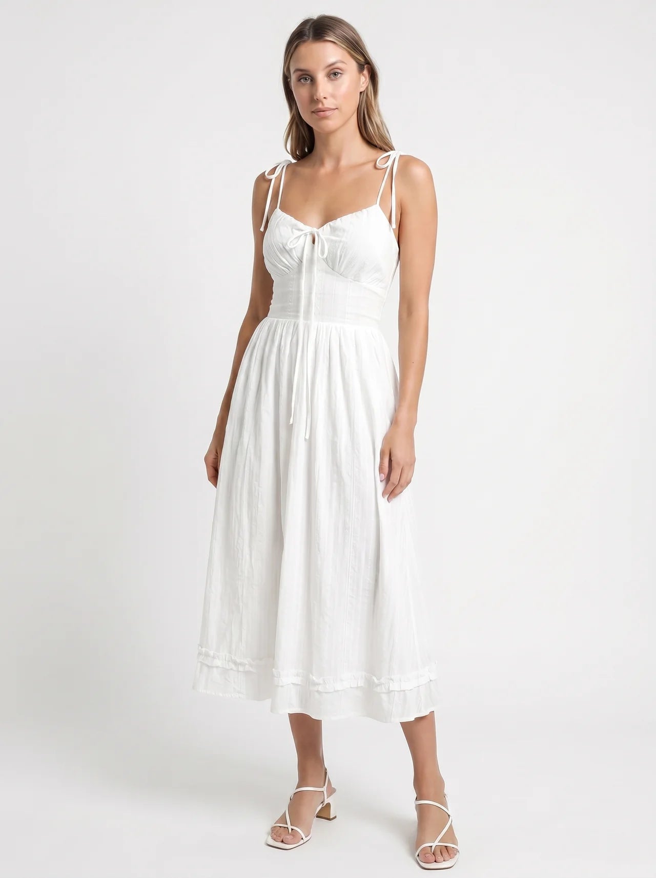 Vivienne Midi Jurk met Strikbandjes en Ruches Zoom