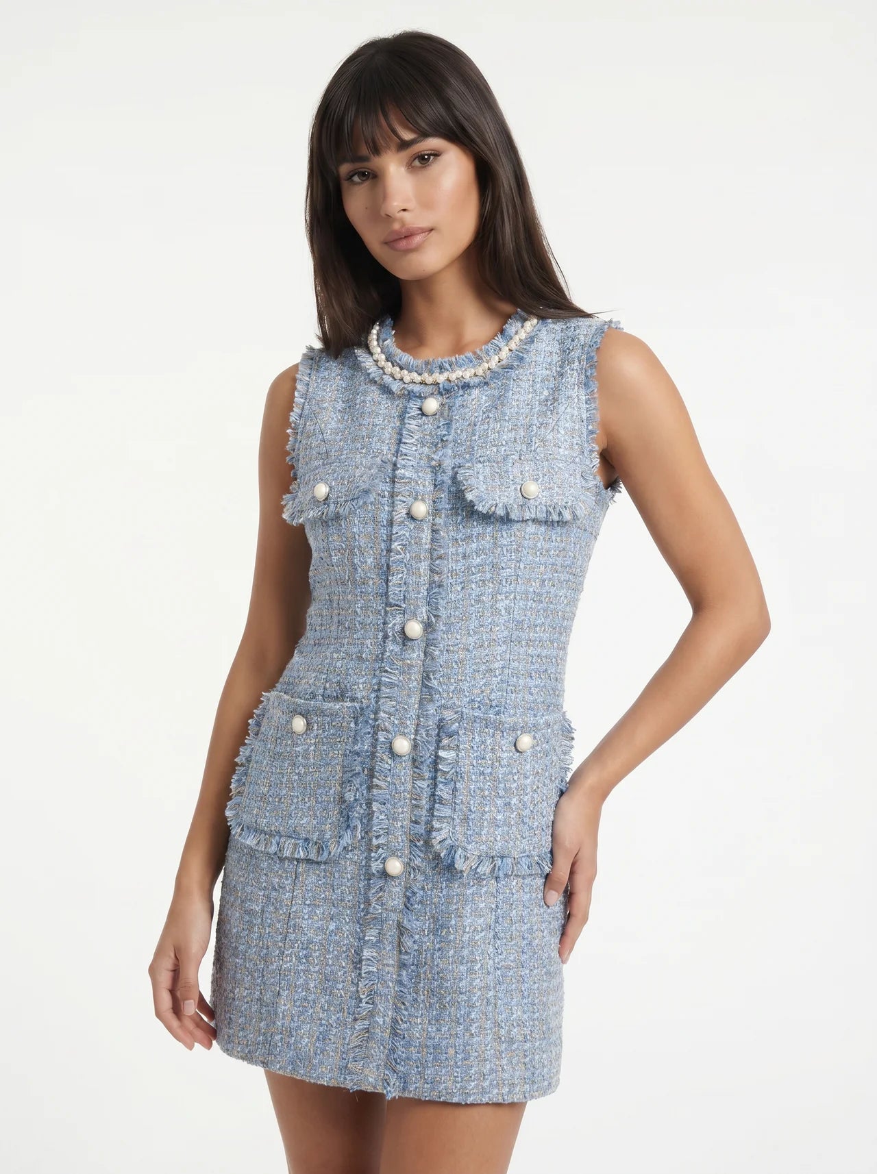 Cassandre Tweed Mini Jurk met Parelknopen