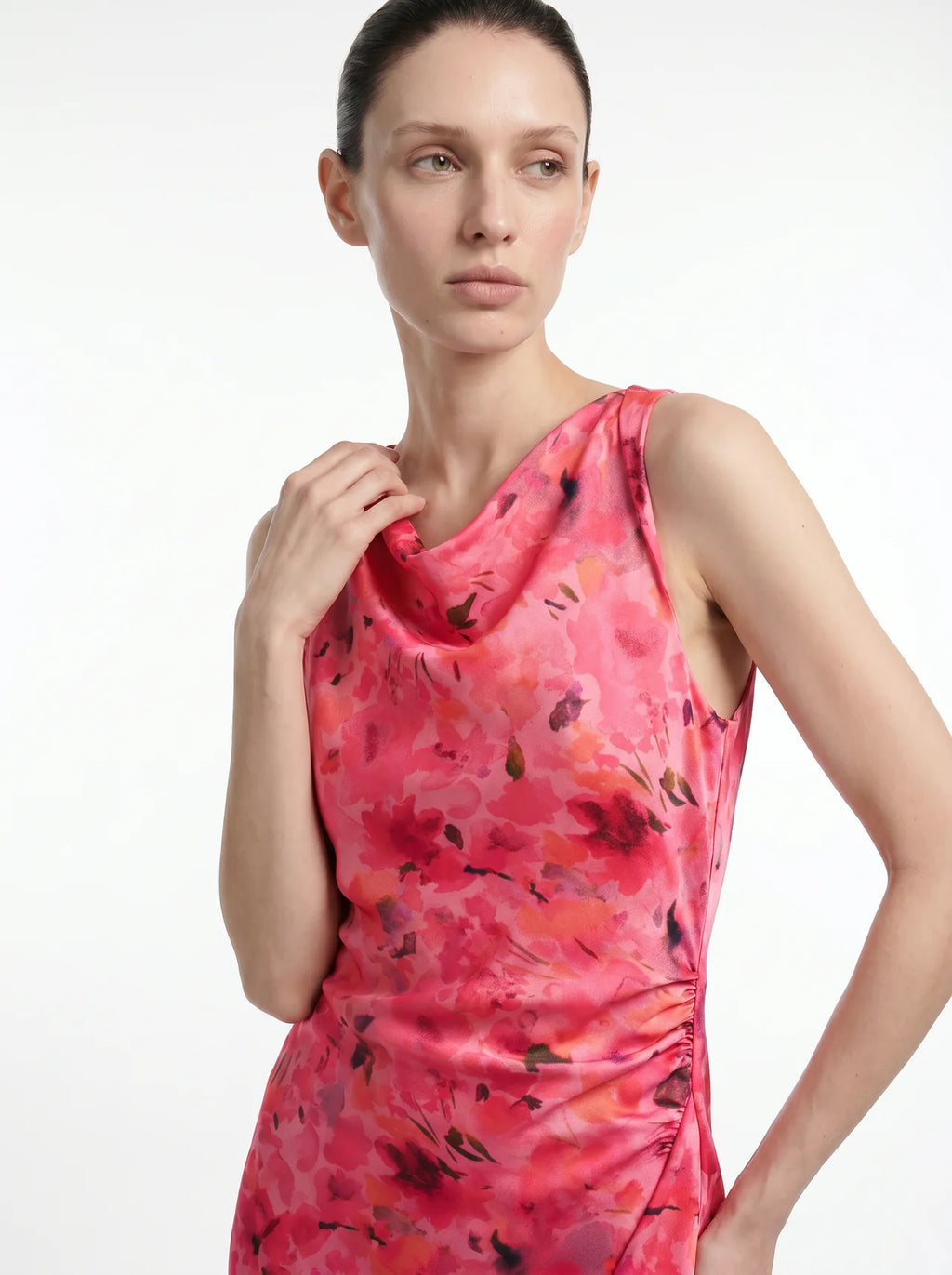 Liliane Bloemenprint Midi Jurk Watervalhals Ruching