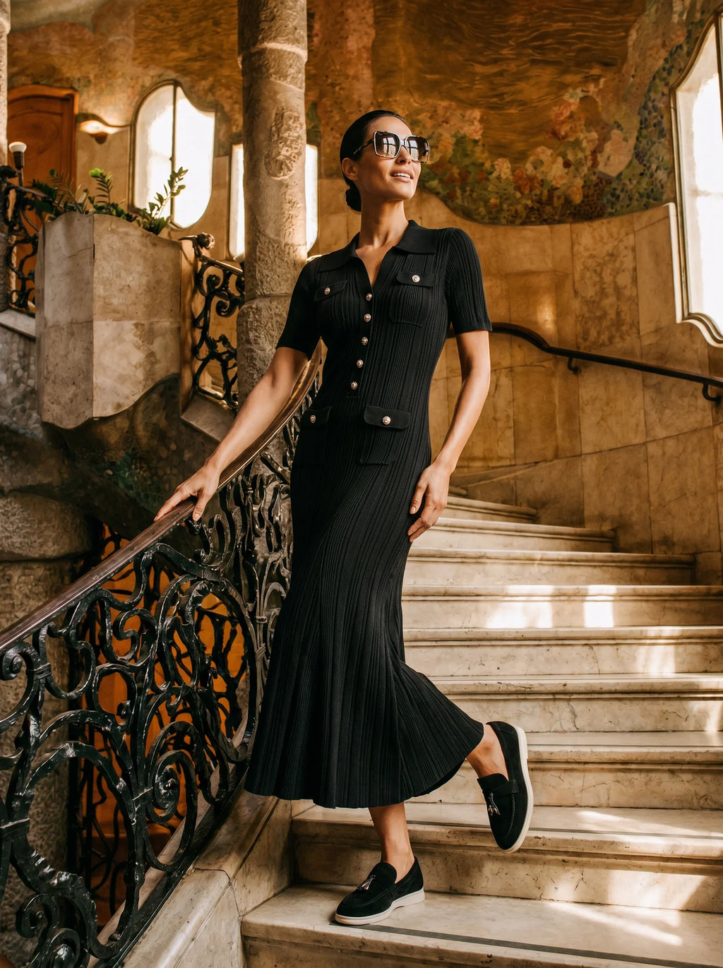 Pascale Gebreide Maxi Jurk Polokraag Zirkonia Knopen
