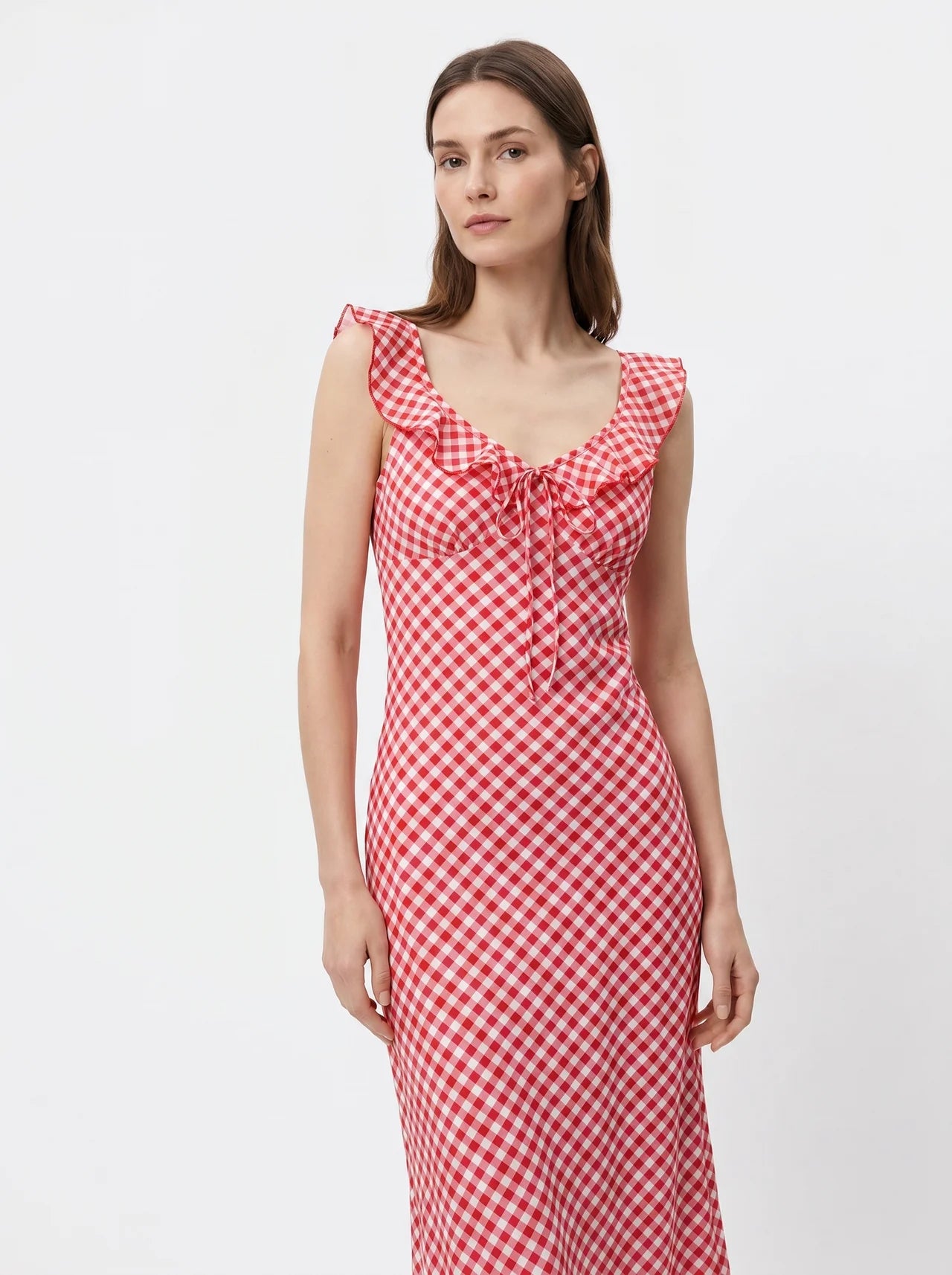 Flore Midi Jurk met Ruches Hals en Gingham Ruit