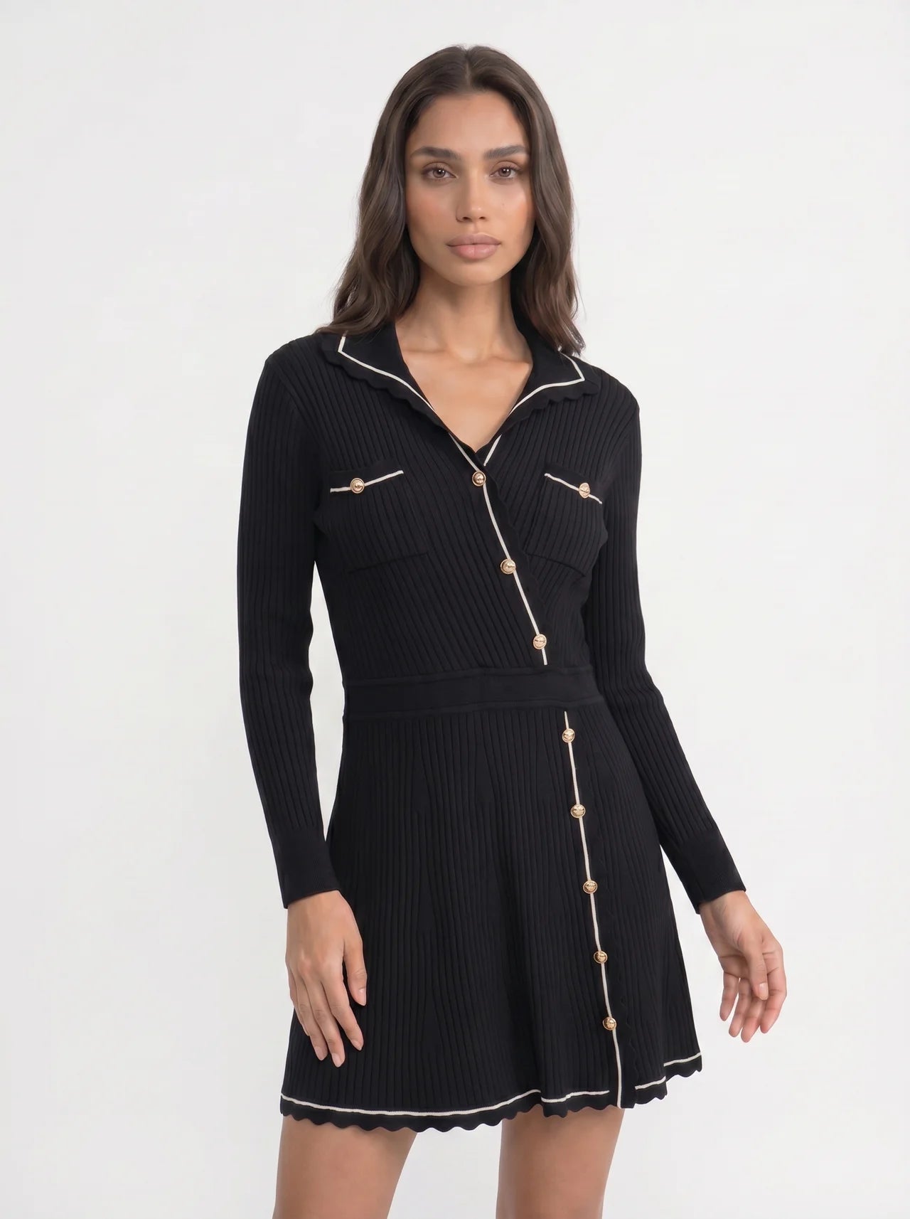 Nicolette Gebreide Mini Jurk met Contrastbies