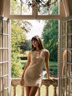 Bérangère Tweed Mini Jurk Parel Knopen Franjerand