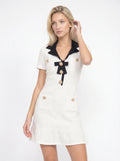 Antoinette Tweed Mini Jurk Contrastkraag Parel Knopen