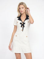 Antoinette Tweed Mini Jurk Contrastkraag Parel Knopen