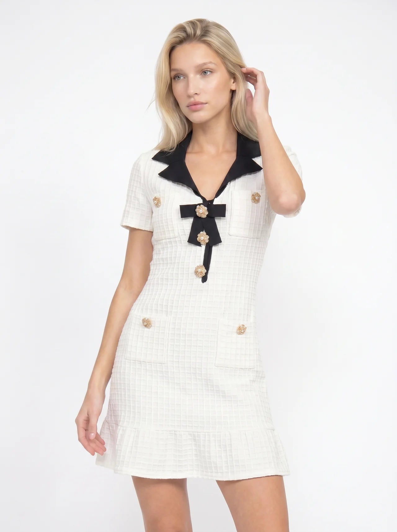 Antoinette Tweed Mini Jurk Contrastkraag Parel Knopen