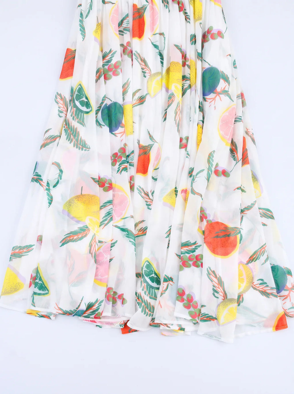 Tiphaine Wijde Midi Jurk Fruitprint Spaghettibandjes