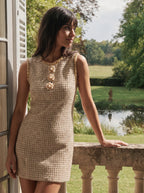 Bérangère Tweed Mini Jurk Parel Knopen Franjerand