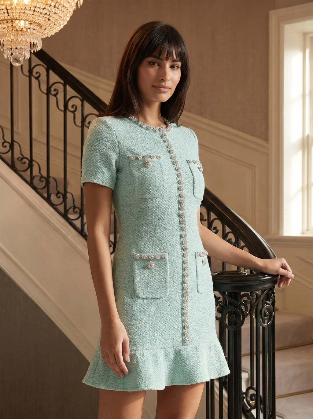 Dorothée Gebreide Mini Jurk met Sierknopen