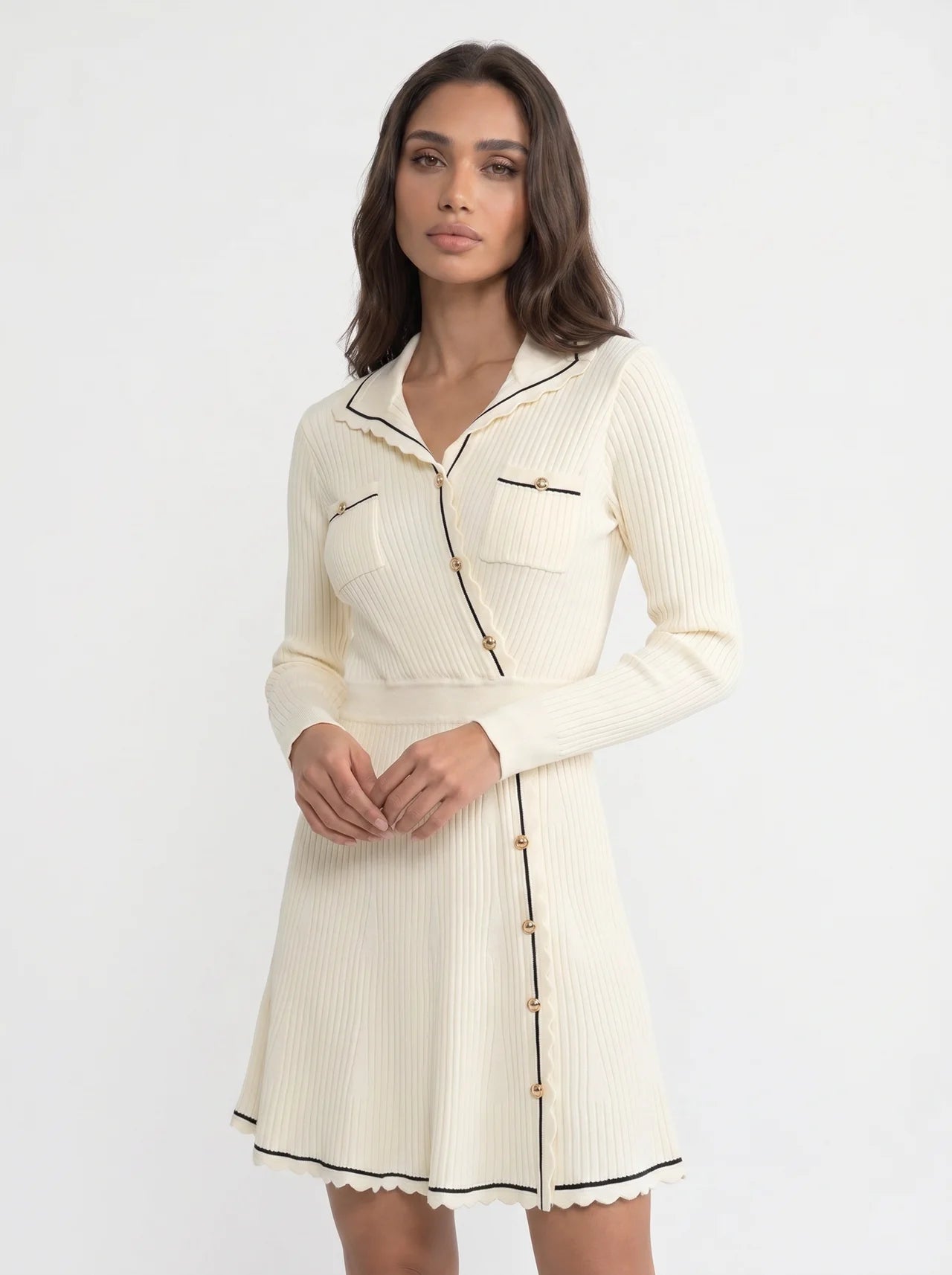 Nicolette Gebreide Mini Jurk met Contrastbies