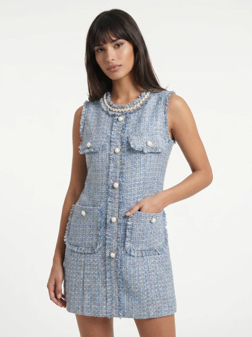 Cassandre Tweed Mini Jurk met Parelknopen