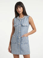 Cassandre Tweed Mini Jurk met Parelknopen
