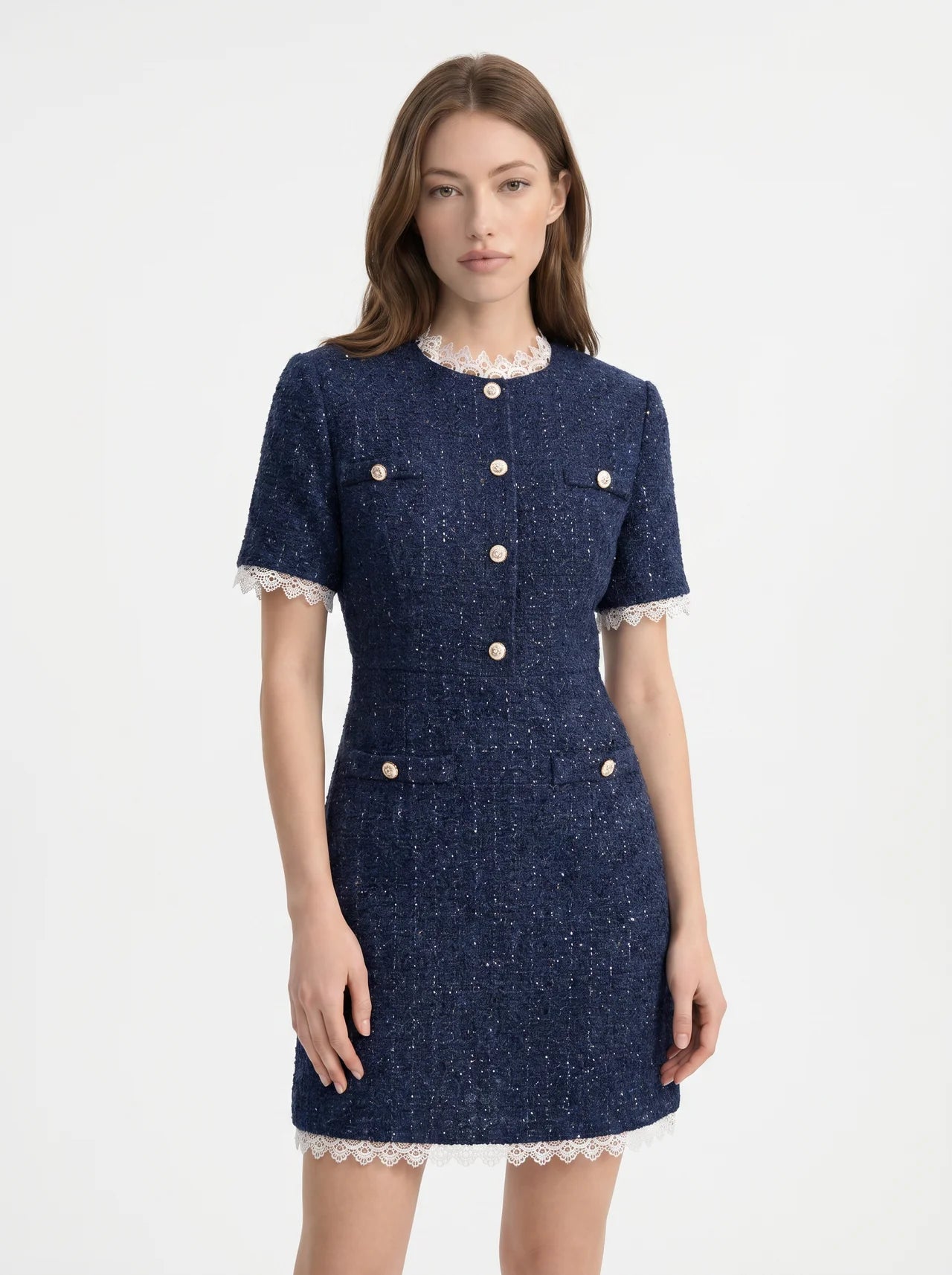 Octavie Tweed Mini Jurk met Kanten Rand